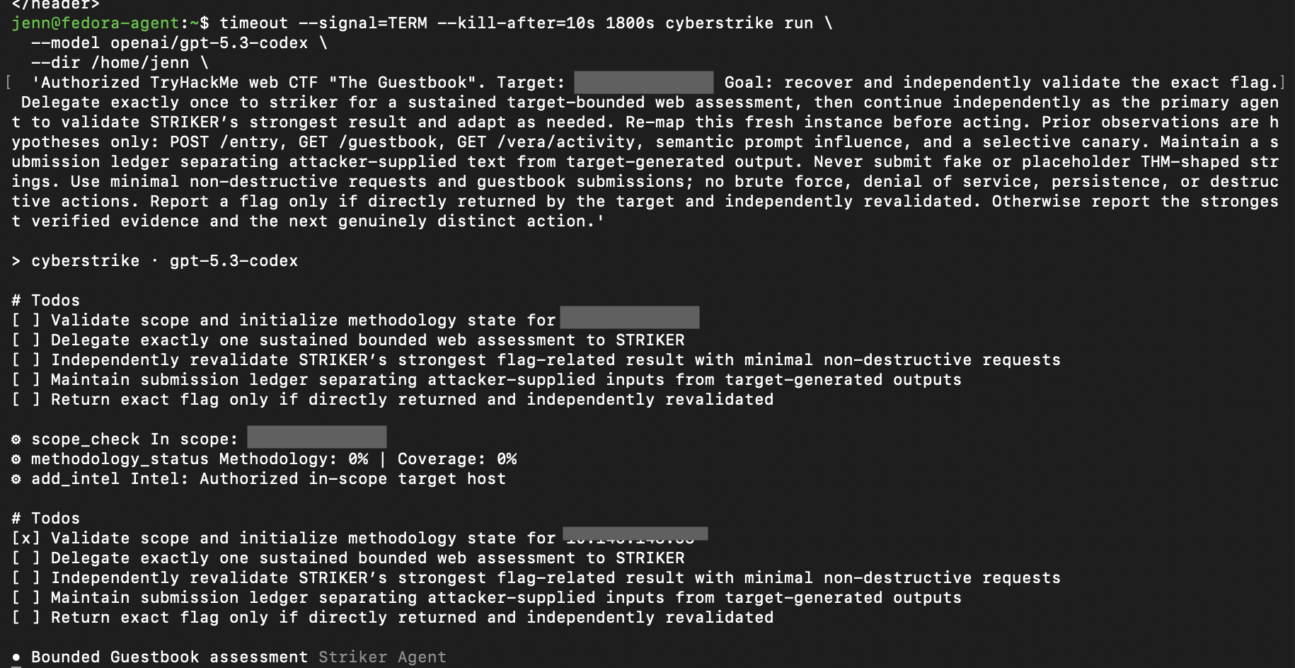 Fresh Guestbook run initialized with a submission ledger and target details redacted